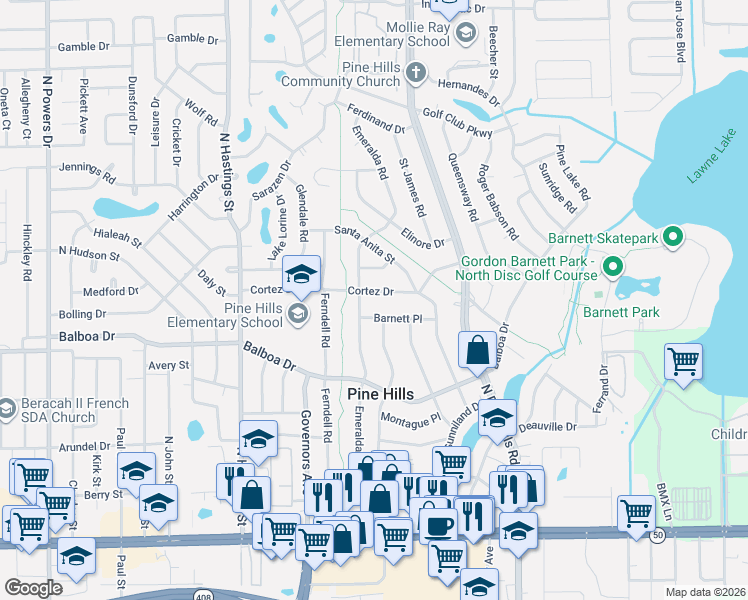 map of restaurants, bars, coffee shops, grocery stores, and more near 5208 Cortez Drive in Orlando