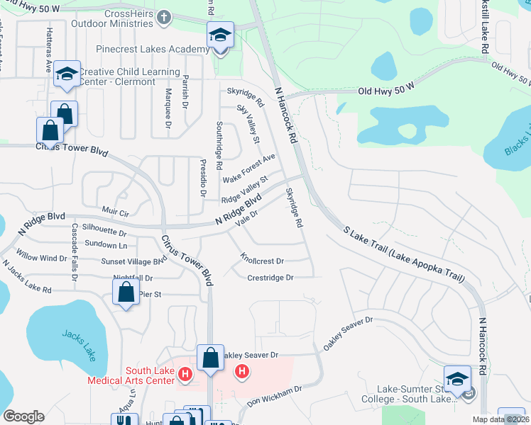 map of restaurants, bars, coffee shops, grocery stores, and more near 1893 Vale Drive in Clermont