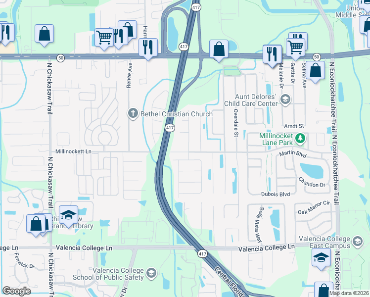 map of restaurants, bars, coffee shops, grocery stores, and more near 1109 Spring Lite Way in Orlando