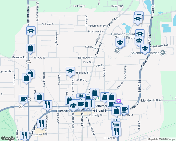 map of restaurants, bars, coffee shops, grocery stores, and more near 509 Park Way in Brooksville