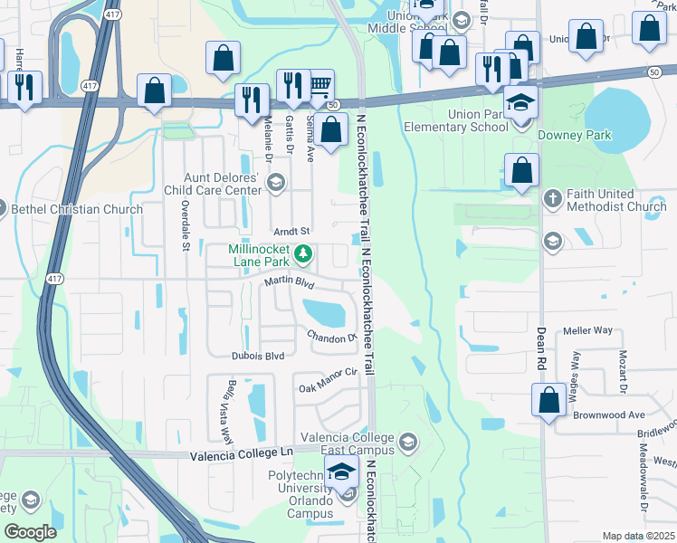 map of restaurants, bars, coffee shops, grocery stores, and more near 1240 Roma Court in Orlando