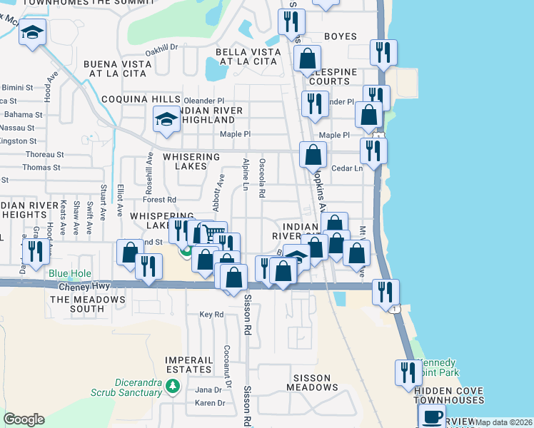 map of restaurants, bars, coffee shops, grocery stores, and more near 4405 Ellis Circle in Titusville