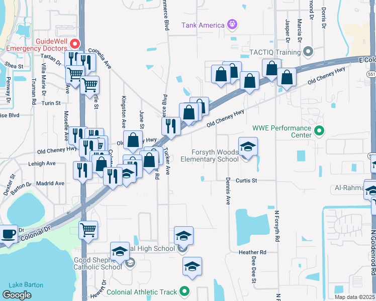 map of restaurants, bars, coffee shops, grocery stores, and more near 6396 Meadow Lane in Azalea Park