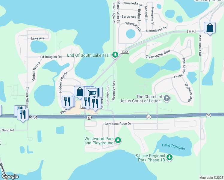 map of restaurants, bars, coffee shops, grocery stores, and more near 1172 Greenley Avenue in Groveland