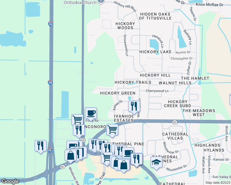 map of restaurants, bars, coffee shops, grocery stores, and more near 4424 Kenneth Court in Titusville