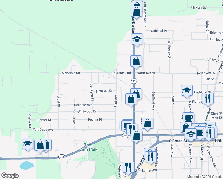 map of restaurants, bars, coffee shops, grocery stores, and more near 20125 Suncrest Drive in Brooksville