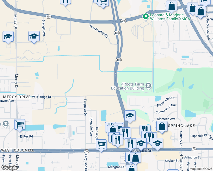 map of restaurants, bars, coffee shops, grocery stores, and more near 1124 John Young Parkway in Orlando