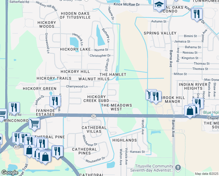 map of restaurants, bars, coffee shops, grocery stores, and more near 2501 Dorothy Circle in Titusville