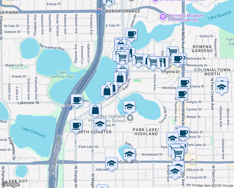 map of restaurants, bars, coffee shops, grocery stores, and more near 1203 North Orange Avenue in Orlando
