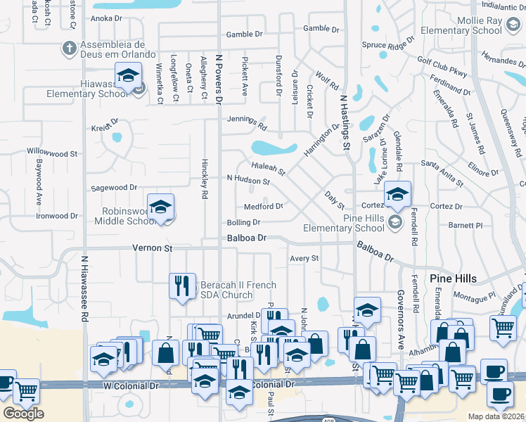 map of restaurants, bars, coffee shops, grocery stores, and more near 6126 Medford Drive in Orlando