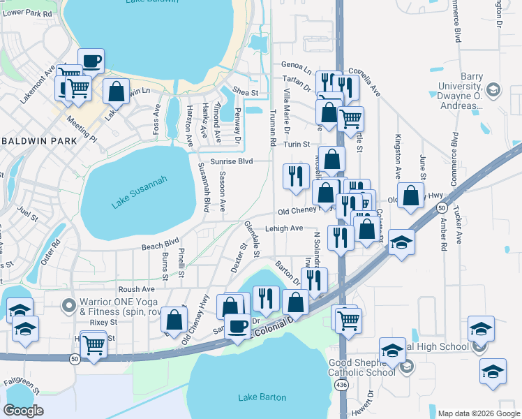 map of restaurants, bars, coffee shops, grocery stores, and more near 5399 Old Cheney Highway in Orlando