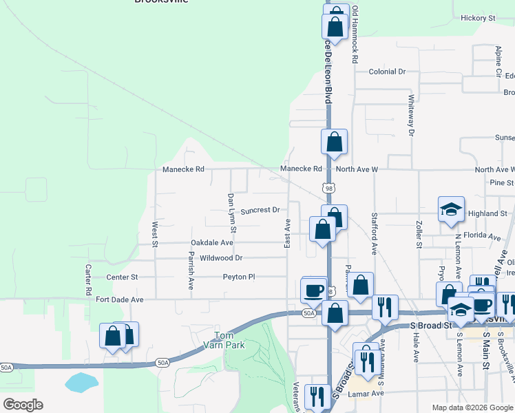 map of restaurants, bars, coffee shops, grocery stores, and more near 20069 Suncrest Drive in Brooksville