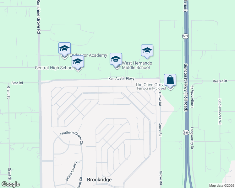 map of restaurants, bars, coffee shops, grocery stores, and more near 15933 Brookridge Boulevard in Brooksville