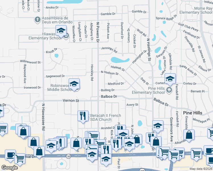 map of restaurants, bars, coffee shops, grocery stores, and more near 1627 Newton Street in Orlando