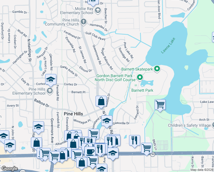 map of restaurants, bars, coffee shops, grocery stores, and more near 1619 Pontiac Court in Orlando