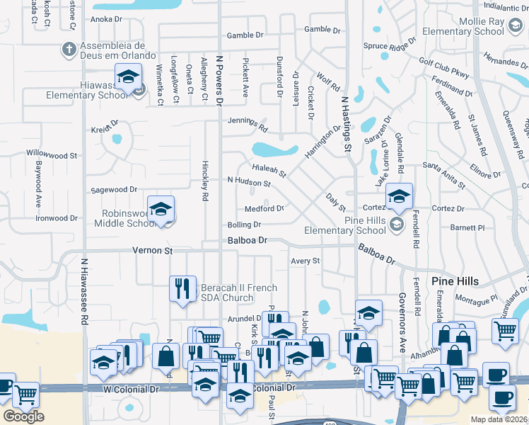 map of restaurants, bars, coffee shops, grocery stores, and more near 6126 Medford Drive in Orlando