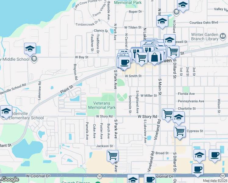 map of restaurants, bars, coffee shops, grocery stores, and more near 5031 Varsity Street in Winter Garden