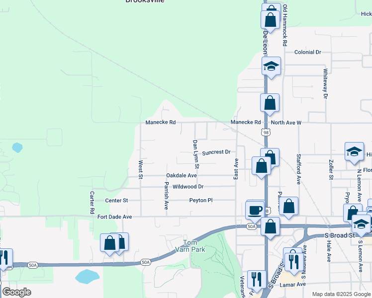 map of restaurants, bars, coffee shops, grocery stores, and more near 20039 Suncrest Drive in Brooksville