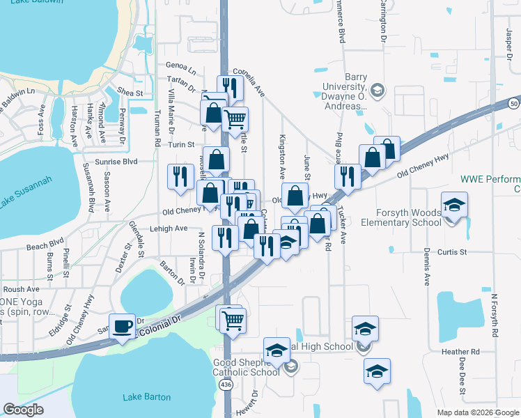 map of restaurants, bars, coffee shops, grocery stores, and more near 1120 Coletta Drive in Orlando