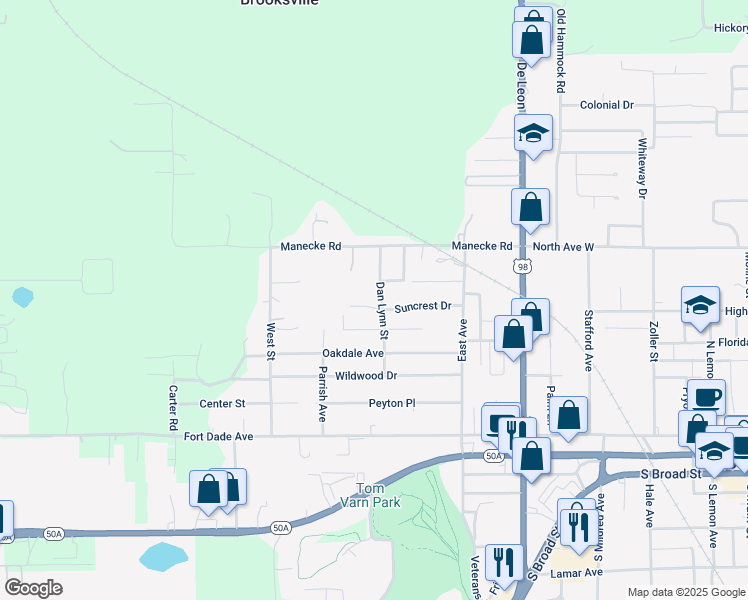 map of restaurants, bars, coffee shops, grocery stores, and more near 20039 Suncrest Drive in Brooksville