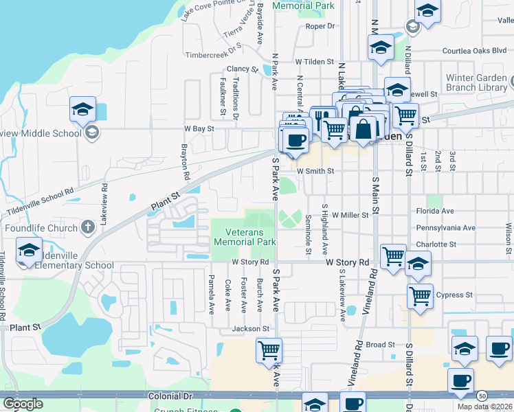 map of restaurants, bars, coffee shops, grocery stores, and more near 5031 Varsity Street in Winter Garden