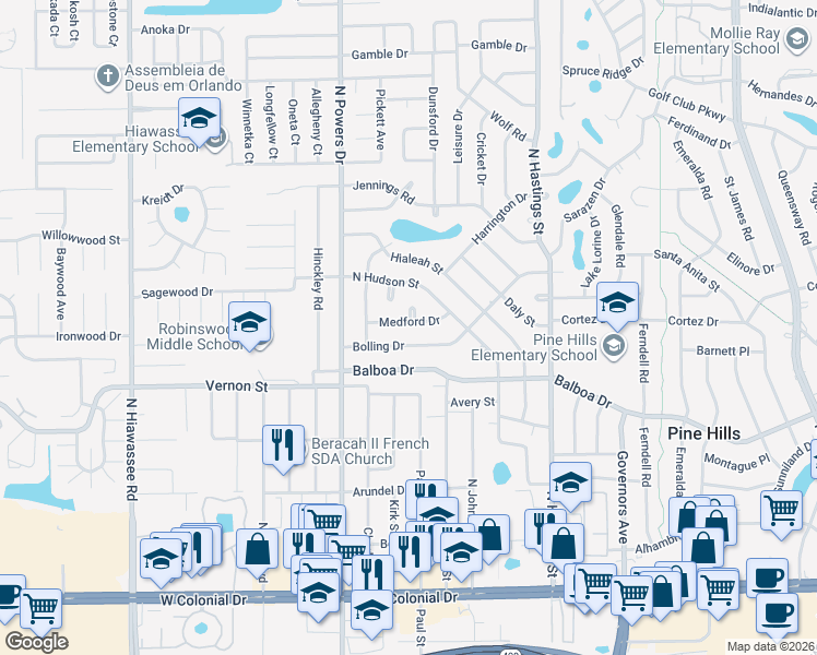 map of restaurants, bars, coffee shops, grocery stores, and more near 6126 Medford Drive in Orlando