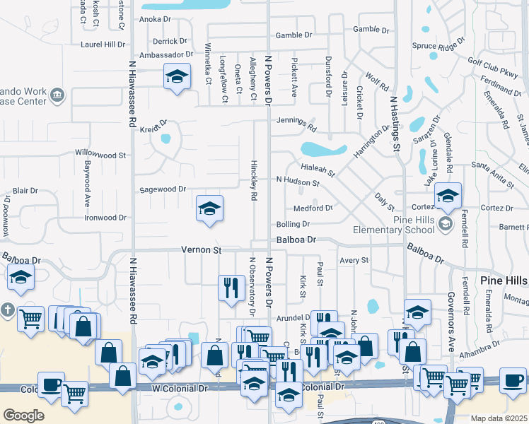 map of restaurants, bars, coffee shops, grocery stores, and more near 1626 North Powers Drive in Orlando