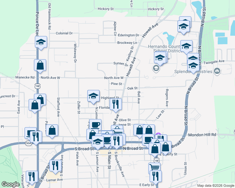map of restaurants, bars, coffee shops, grocery stores, and more near 509 Park Way in Brooksville