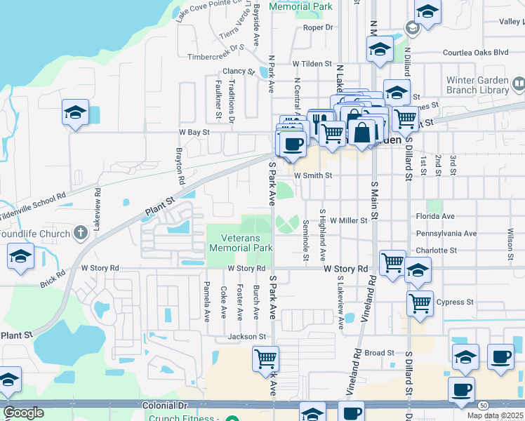 map of restaurants, bars, coffee shops, grocery stores, and more near 5031 Varsity Street in Winter Garden