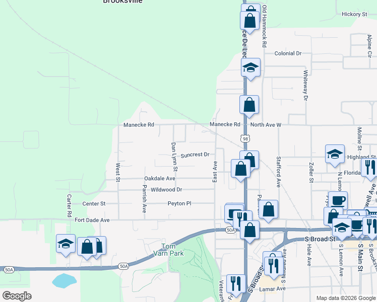 map of restaurants, bars, coffee shops, grocery stores, and more near 20069 Suncrest Drive in Brooksville
