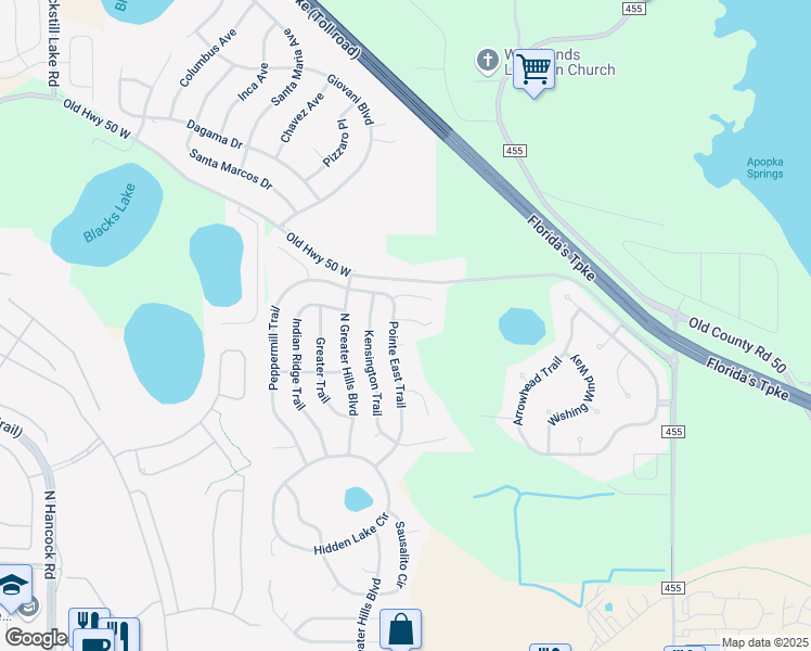 map of restaurants, bars, coffee shops, grocery stores, and more near 15808 Watermill Court in Clermont