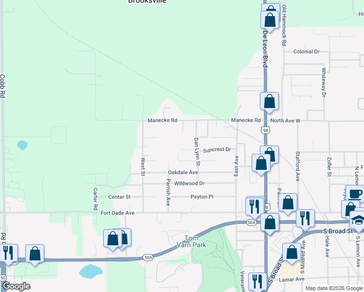 map of restaurants, bars, coffee shops, grocery stores, and more near 19925 Ruth Street in Brooksville