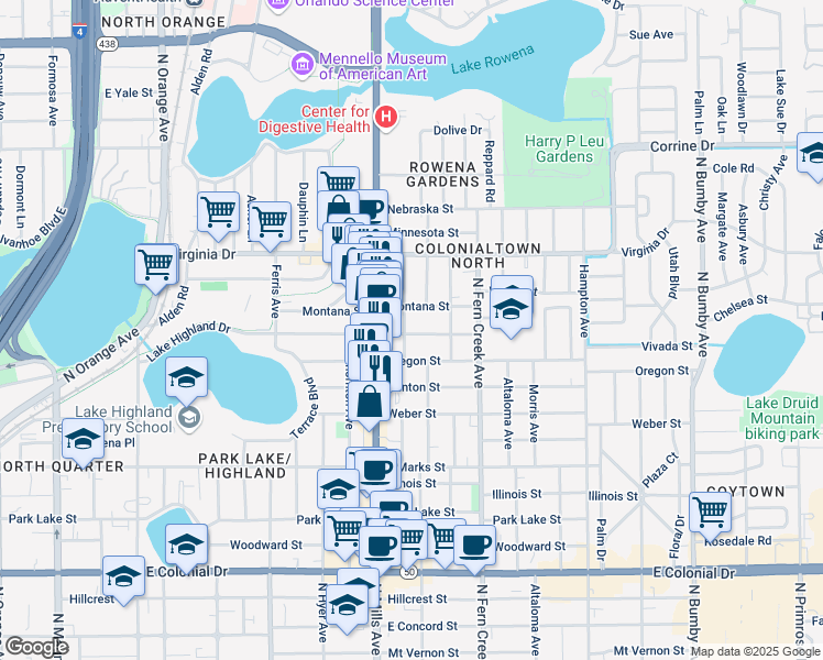 map of restaurants, bars, coffee shops, grocery stores, and more near 1201 Portland Avenue in Orlando