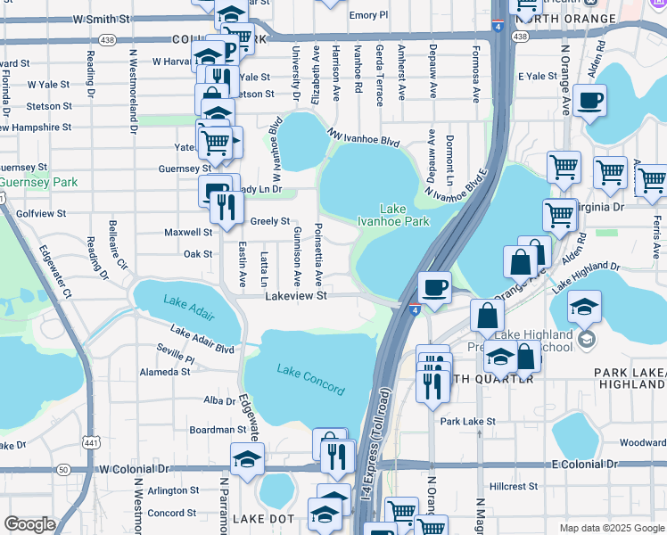 map of restaurants, bars, coffee shops, grocery stores, and more near 315 Desoto Circle in Orlando