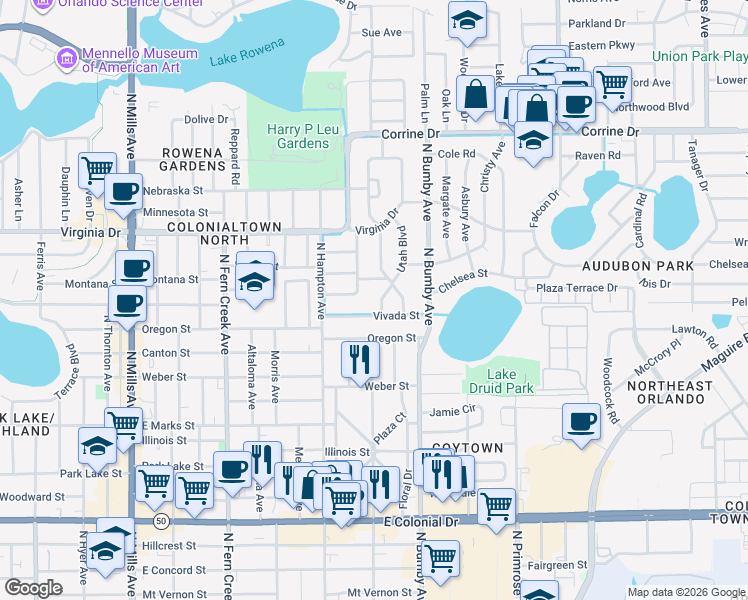map of restaurants, bars, coffee shops, grocery stores, and more near 1126 Georgia Boulevard in Orlando