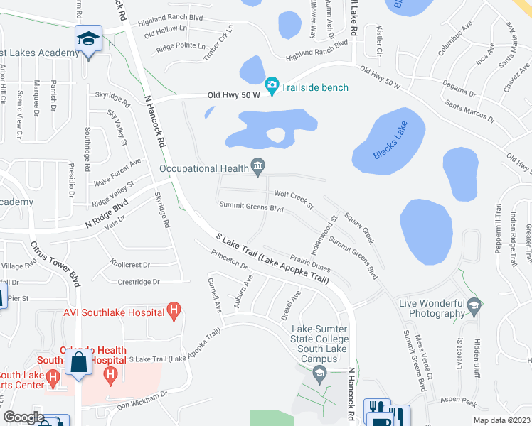 map of restaurants, bars, coffee shops, grocery stores, and more near 2540 Castle Pines Street in Clermont