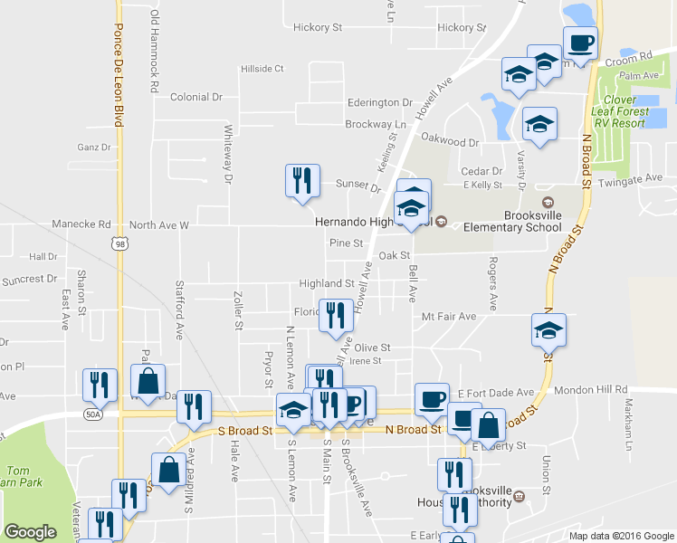 map of restaurants, bars, coffee shops, grocery stores, and more near 509 Park Way in Brooksville
