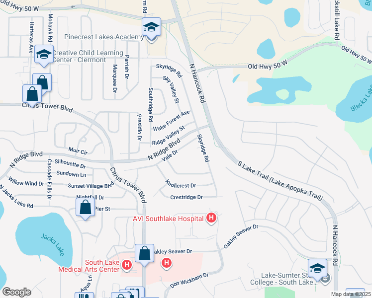 map of restaurants, bars, coffee shops, grocery stores, and more near 1893 Vale Drive in Clermont