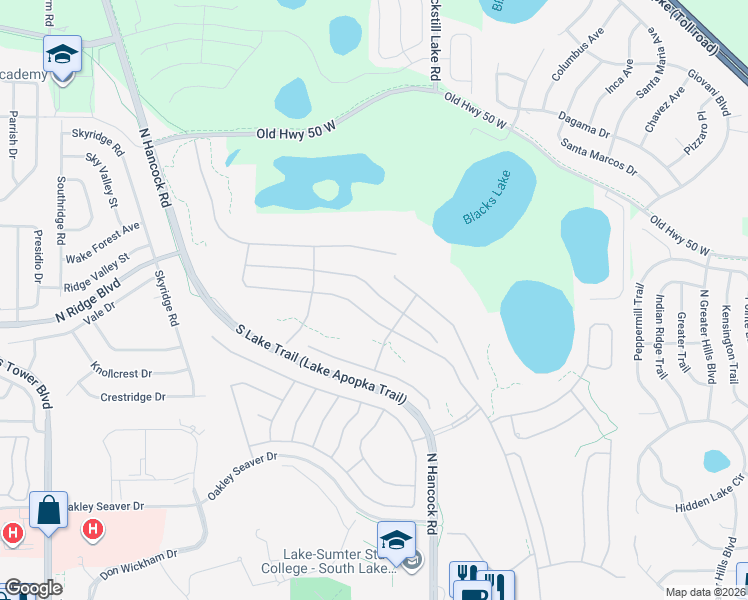 map of restaurants, bars, coffee shops, grocery stores, and more near 892 Wolf Creek Street in Clermont