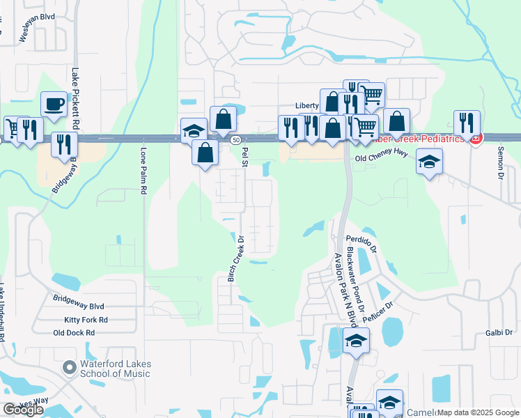 map of restaurants, bars, coffee shops, grocery stores, and more near 1466 Marsh Creek Lane in Orlando