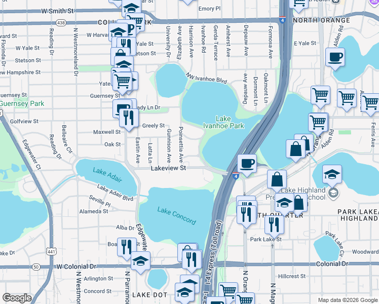 map of restaurants, bars, coffee shops, grocery stores, and more near 315 Desoto Circle in Orlando