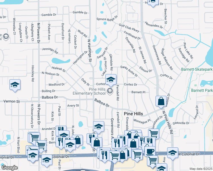 map of restaurants, bars, coffee shops, grocery stores, and more near 5624 Cortez Drive in Orlando