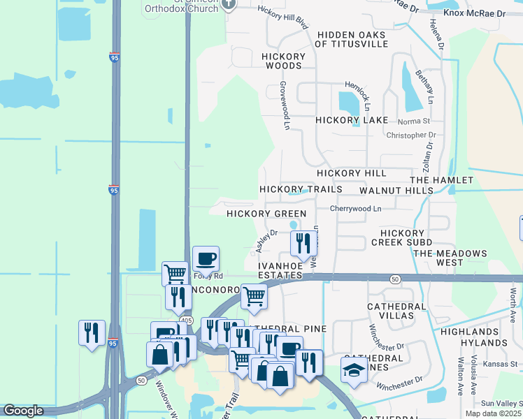 map of restaurants, bars, coffee shops, grocery stores, and more near 4424 Kenneth Court in Titusville