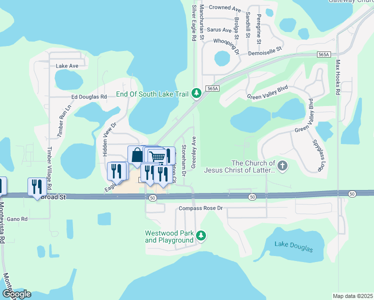 map of restaurants, bars, coffee shops, grocery stores, and more near 1175 Stoneham Drive in Groveland