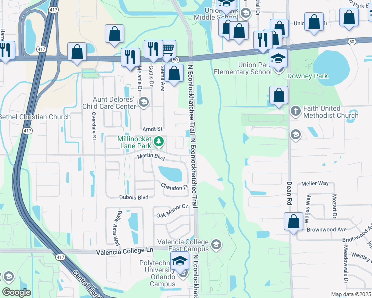 map of restaurants, bars, coffee shops, grocery stores, and more near 1260 Roma Court in Orlando
