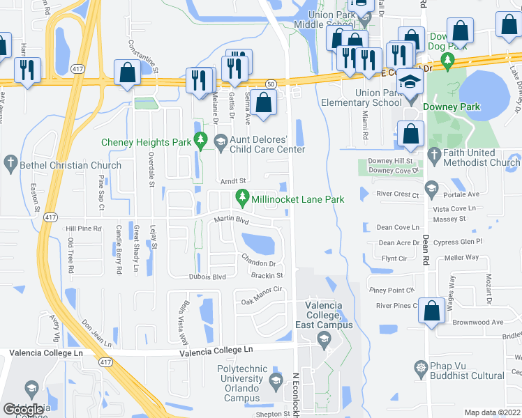 map of restaurants, bars, coffee shops, grocery stores, and more near 1228 Roma Court in Orlando