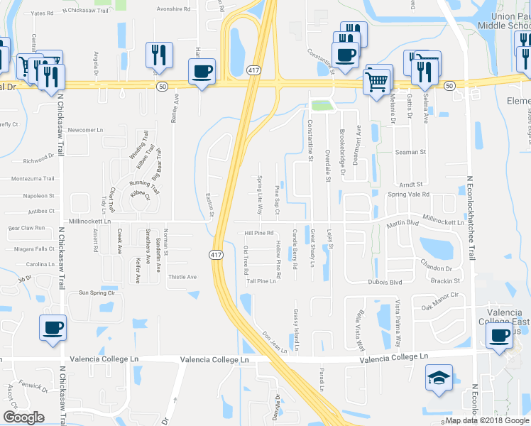 map of restaurants, bars, coffee shops, grocery stores, and more near 1109 Spring Lite Way in Orlando