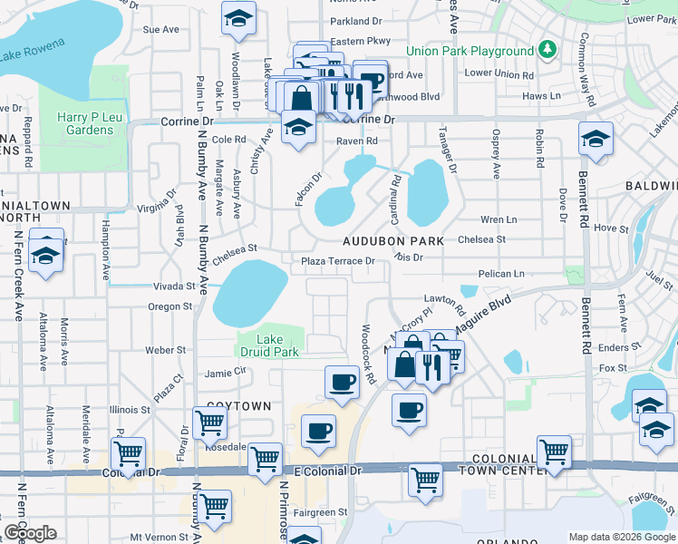 map of restaurants, bars, coffee shops, grocery stores, and more near 2992 Plaza Terrace Drive in Orlando