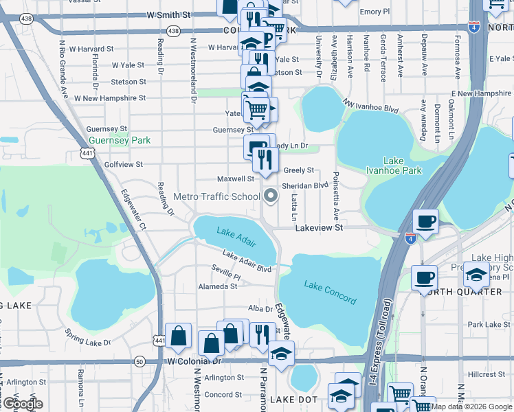 map of restaurants, bars, coffee shops, grocery stores, and more near 1142 Adair Park Place in Orlando