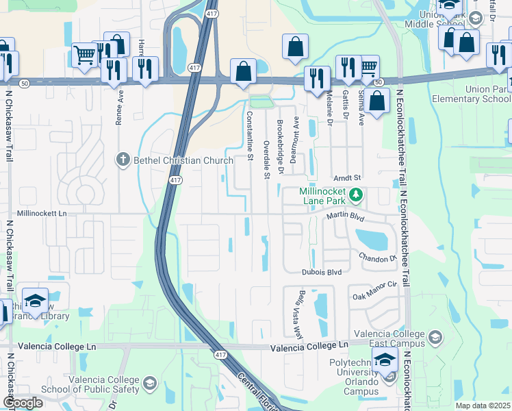 map of restaurants, bars, coffee shops, grocery stores, and more near 1109 Constantine Street in Orlando